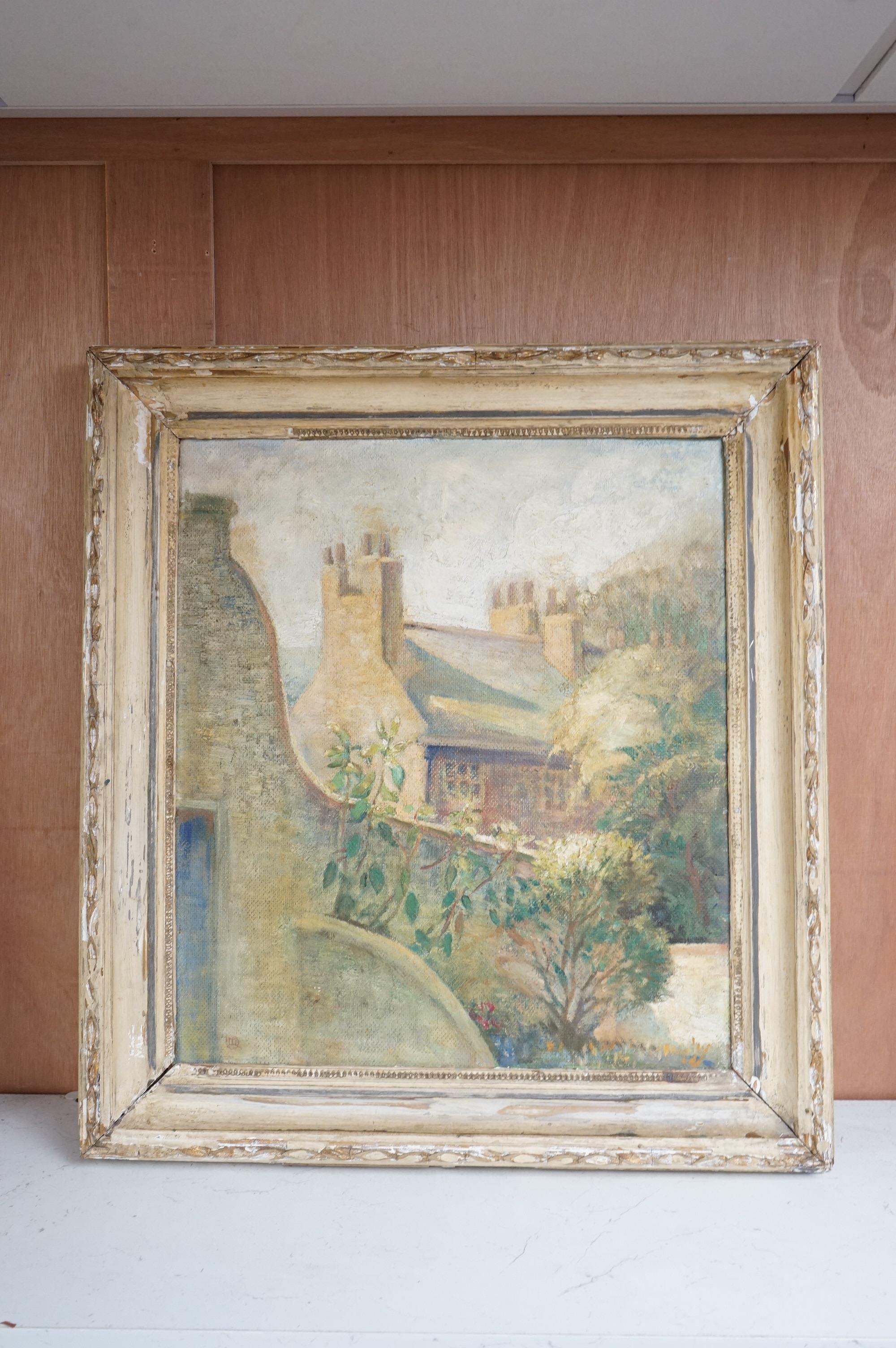 Marjorie Quennell, oil on board, Brack Mound House, Castle Precincts, Lewes, monogrammed and inscribed verso, 44 x 38cm